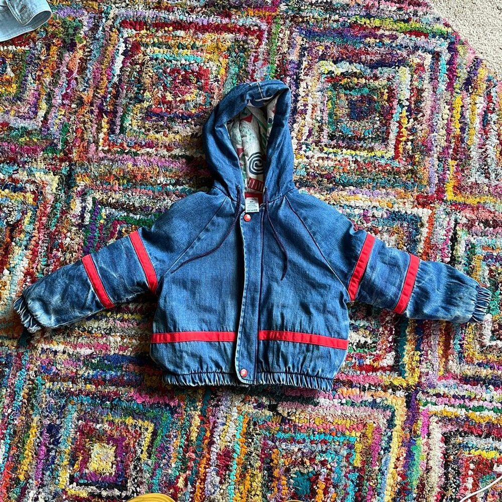 VTG 70s Sears Denim Hooded Jacket 4T Red Stripe Faded USA Kids Coat